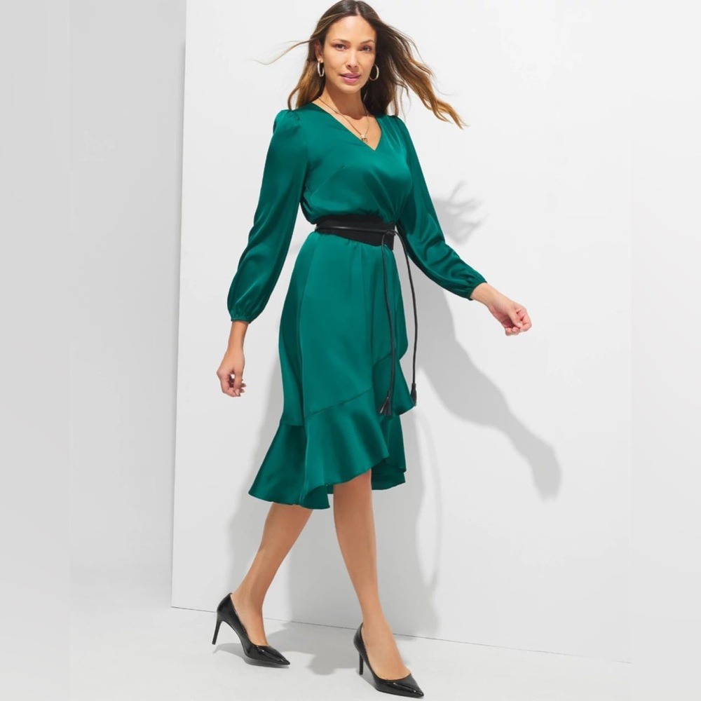 NWT WHBM Elegant Emerald Green Satin Ruffle Faux Wrap Women's Hi Low Dress XXS